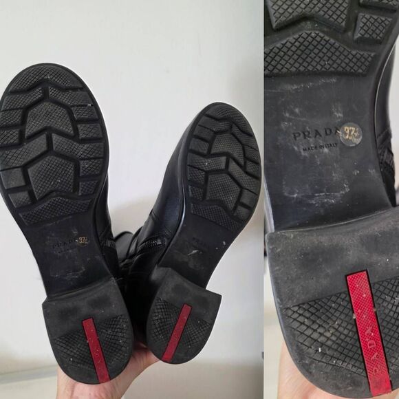 PRADA  BLACK  LEATHER 2X BELTED BUCKLE BIKER  BOOTS 37.5 ITALY - Picture 12 of 12